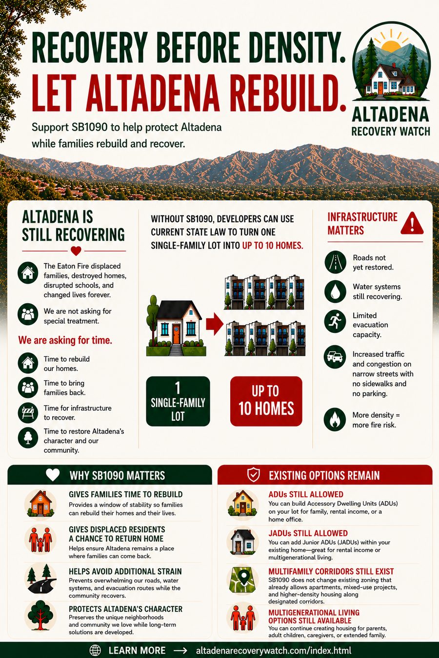 Flyer: Recovery Before Density — Let Altadena Rebuild. Support SB 1090.