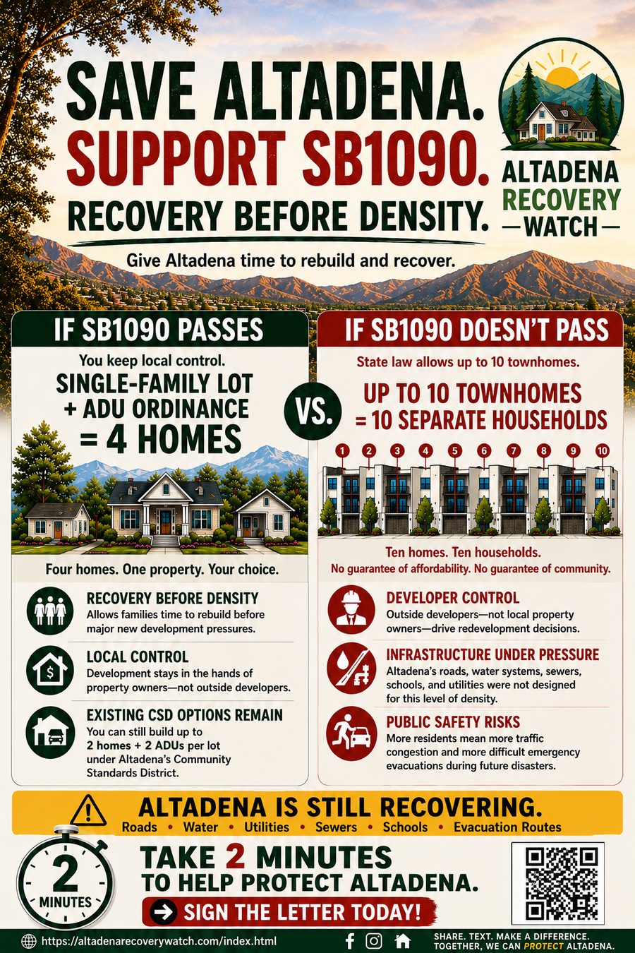 Flyer: Save Altadena — Support SB 1090. If SB 1090 passes vs. if it doesn't.