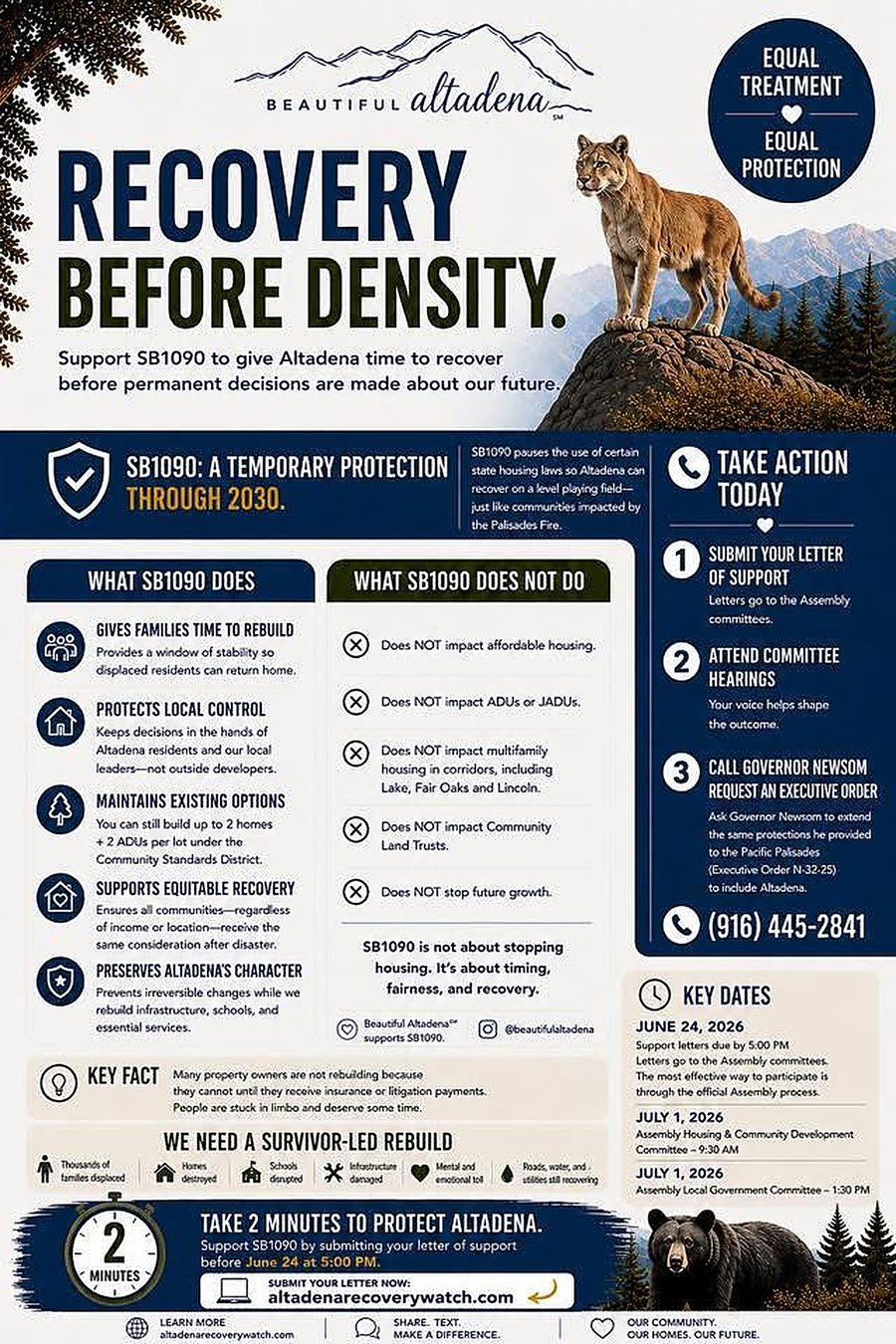 Flyer: Beautiful Altadena — Recovery Before Density. What SB 1090 does and does not do; how to take action.